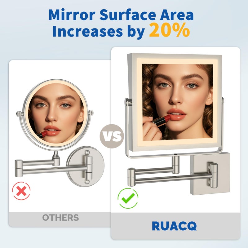 Ruacq Rechargeable Wall Mounted Makeup Mirror with Lights  Double Sided 1X/10X Magnifying Vanity Mirror with 3 Color Light  Touch Screen Dimmable  360 Rotation Extension Foldable Arm(Brushed Nickel) - Image 4